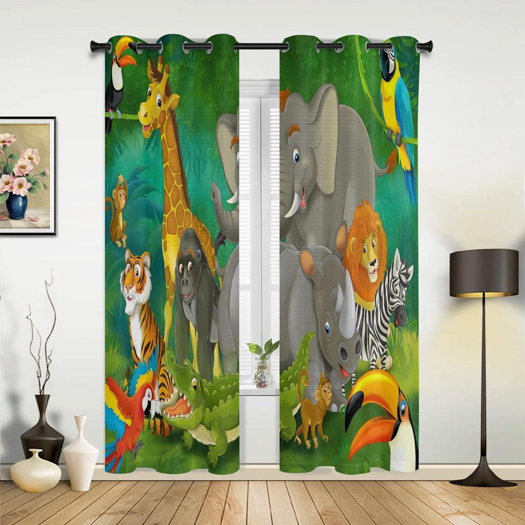 Jungle Forest Cartoon Animal Lion Elephant Curtains Bedroom Living Room Drapes Kitchen Children Window Curtain Home Decor Polyester Ideal For
