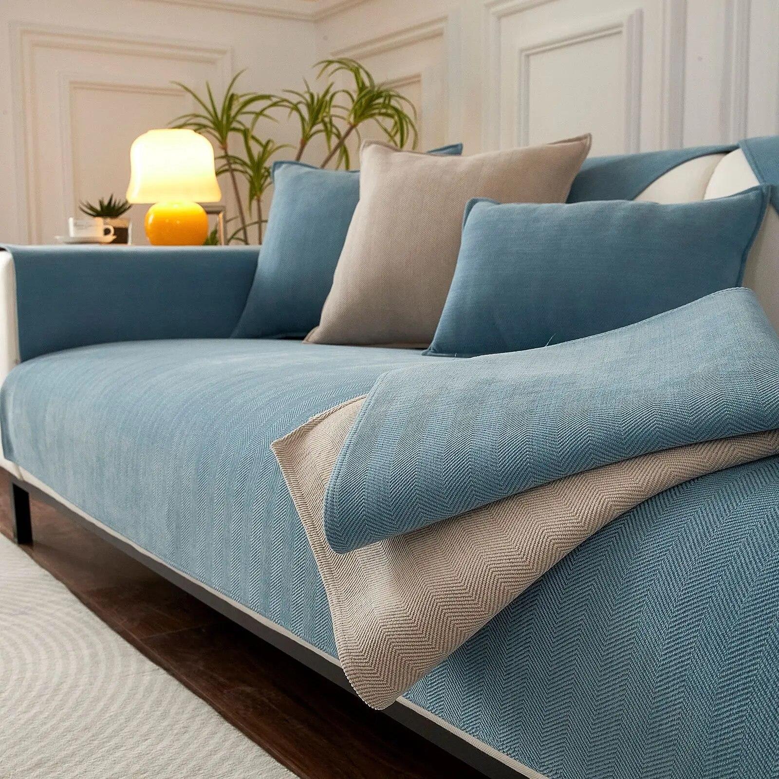 Herringbone Chenille Sofa Cover Anti Slip Anti Scratch Universal All Season Towel JUEoth 70x70cm