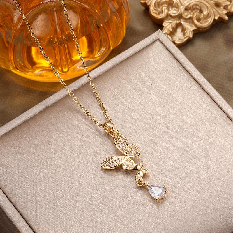 Korean Water Drop Butterfly Zirconia Tassel Necklace for Women - Titanium Steel Clavicle Chain Jewelry