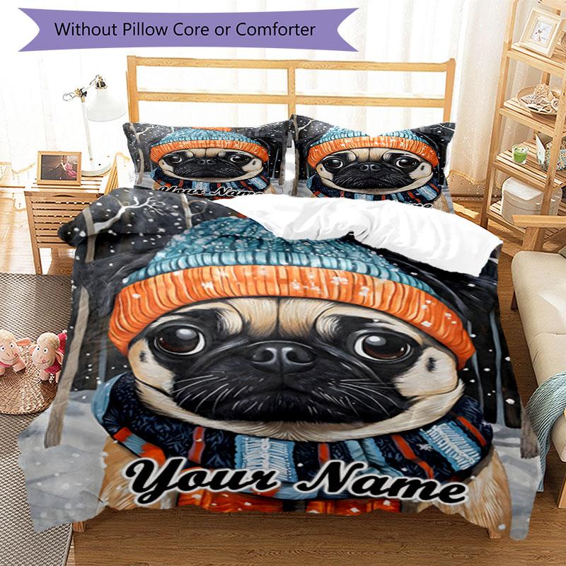 3PC Custom Name Winter Pug Portrait Bedding Set Duvet Cover Closure Includes 1 Duvet Cover & 2 Pillowcases for Bedroom