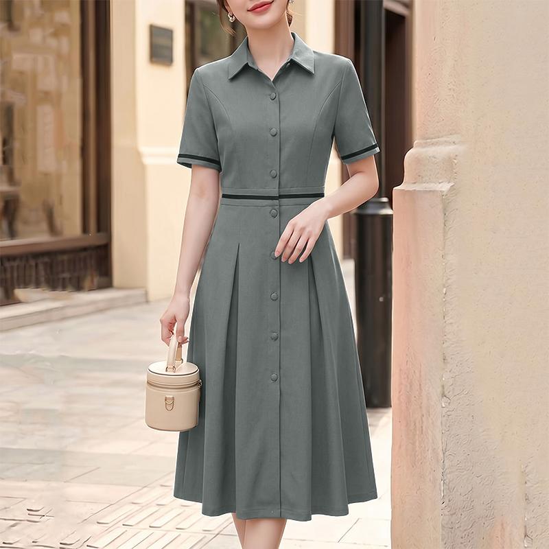 ZANZEA Women Casual Turn Down Collar Solid Color Short Sleeve Elegant Dress