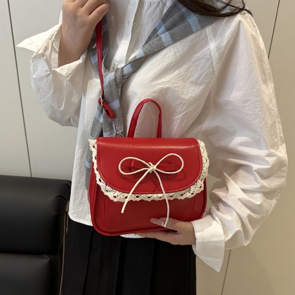 Kawali PU Leather Bag Korean Style Shouder Bag Simple Lace Bow Backpack Gift