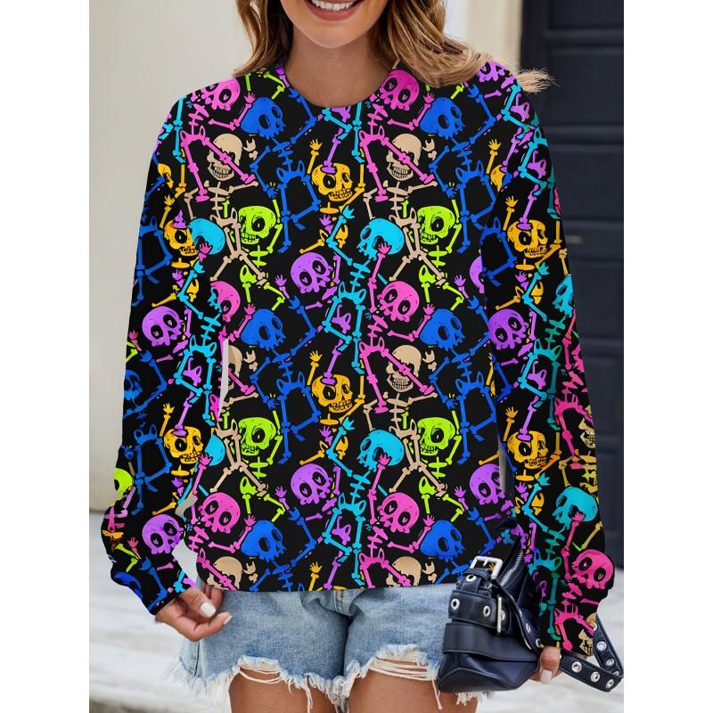 Womens Casual Hoodie With 3D Halloween Print Round Neck Lightweight Breathable Fabric