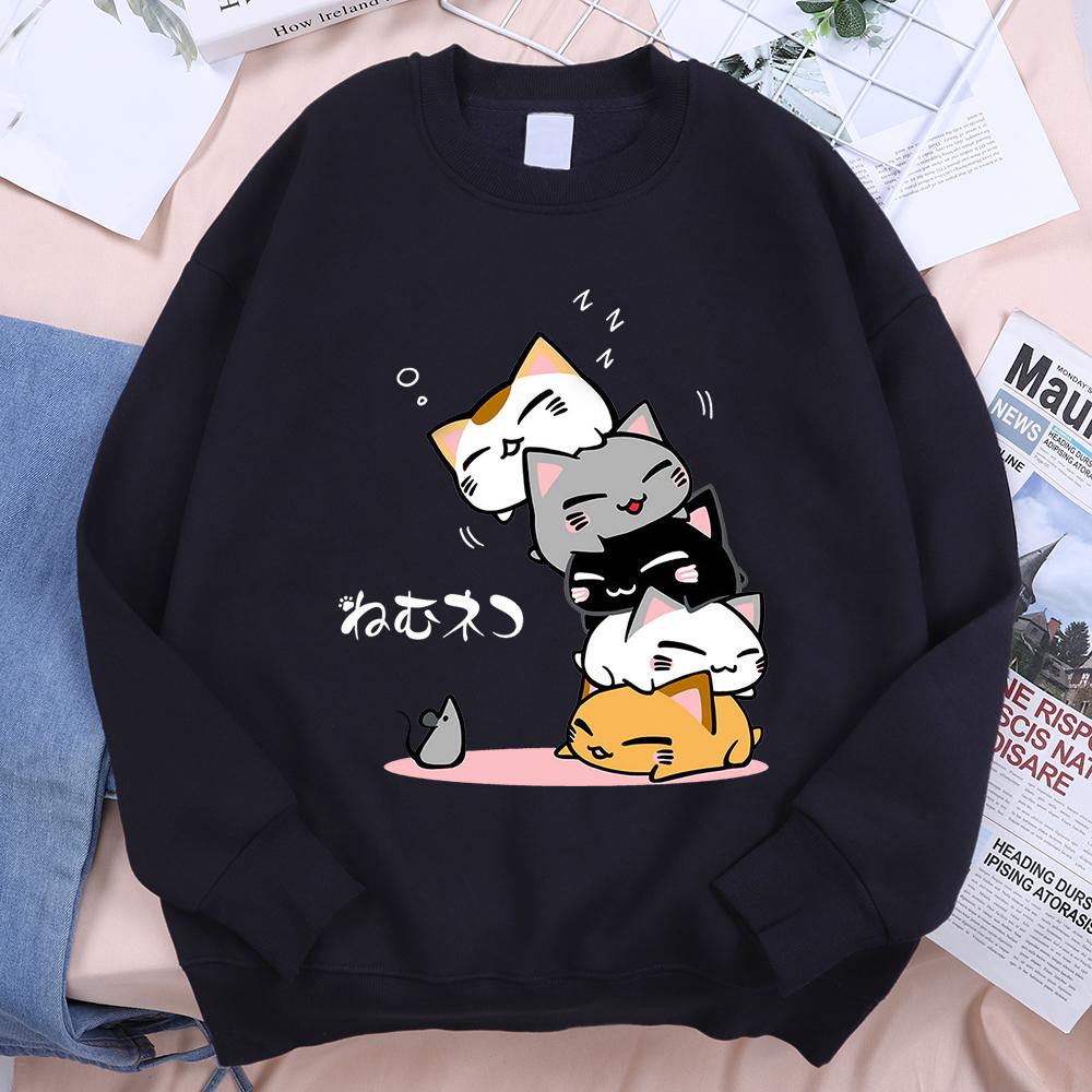 Cute Stacked Cats Sleeping Don'T See The Mouse Women Unisex Clothing Anime Pullover Hoodies Loose Fleece Hoody Casual O-Neck Streetwear