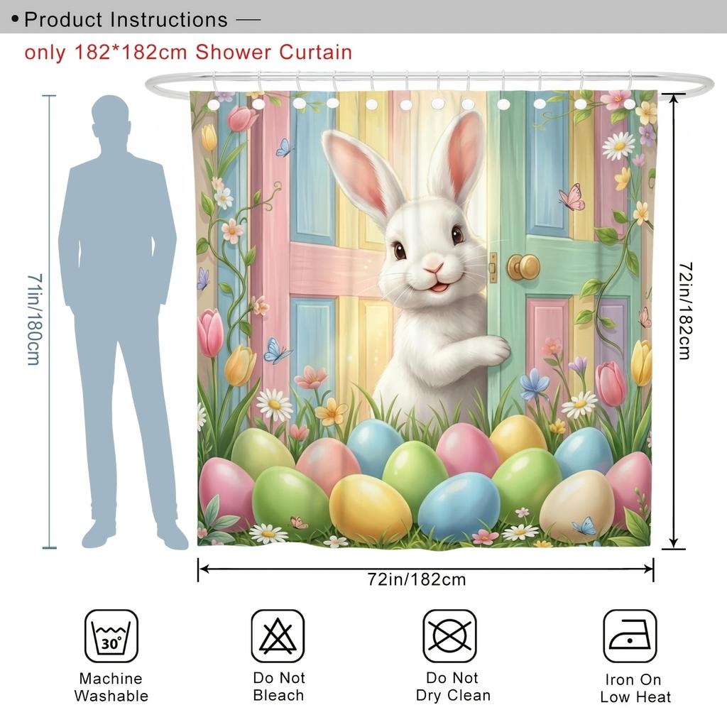 Cute Bunny With Colorful Eggs Shower Curtain Waterproof Easy To Clean Privacy Protection Print Spring Garden Design 12 Hooks