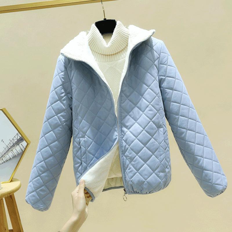 2024 Fall/Winter Women's Lambskin Cotton Coat - Stand-up Collar, Casual Loose Fit, Warm and Stylish Diamond Check Design.