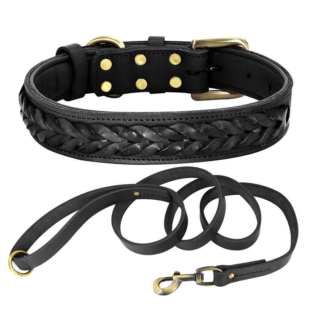 Cow Leather Dog Collar Leash Genuine Leather Big Dog Collars Lead Braided Pet Collars For Medium Large Dogs German Shepherd