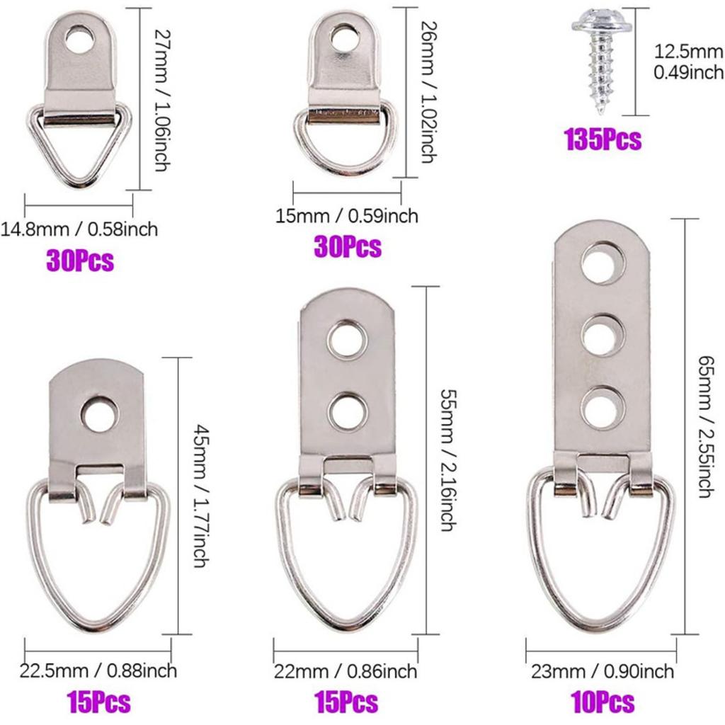415Pcs Picture Hangers Kit, 7 Sizes D Ring Hangers Sawtooth Hangers Assorted Kit with Screws Boxed Metal Accessories for Wall Mounting Heavy Picture