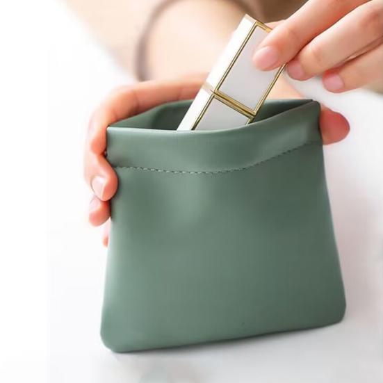 Snap Closure Organizer Pouch Faux Leather Portable Cosmetic Storage Bag Self-Closing Pouch for Lipstick Earphones