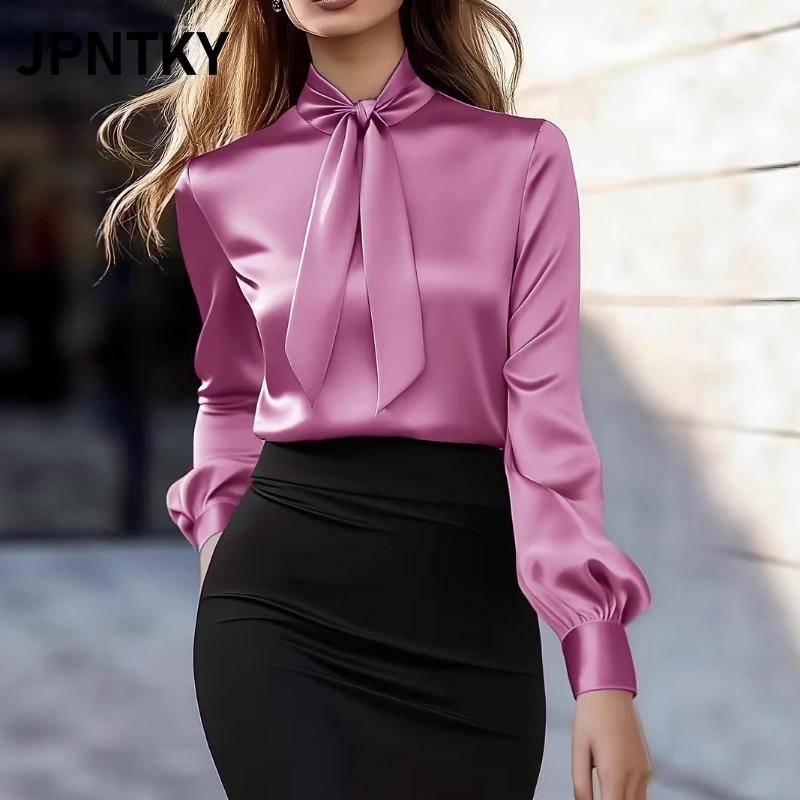 JPNTKY Women's Fashion Casual Solid Color Print Long Sleeve O-Neck Blouses & Shirts
