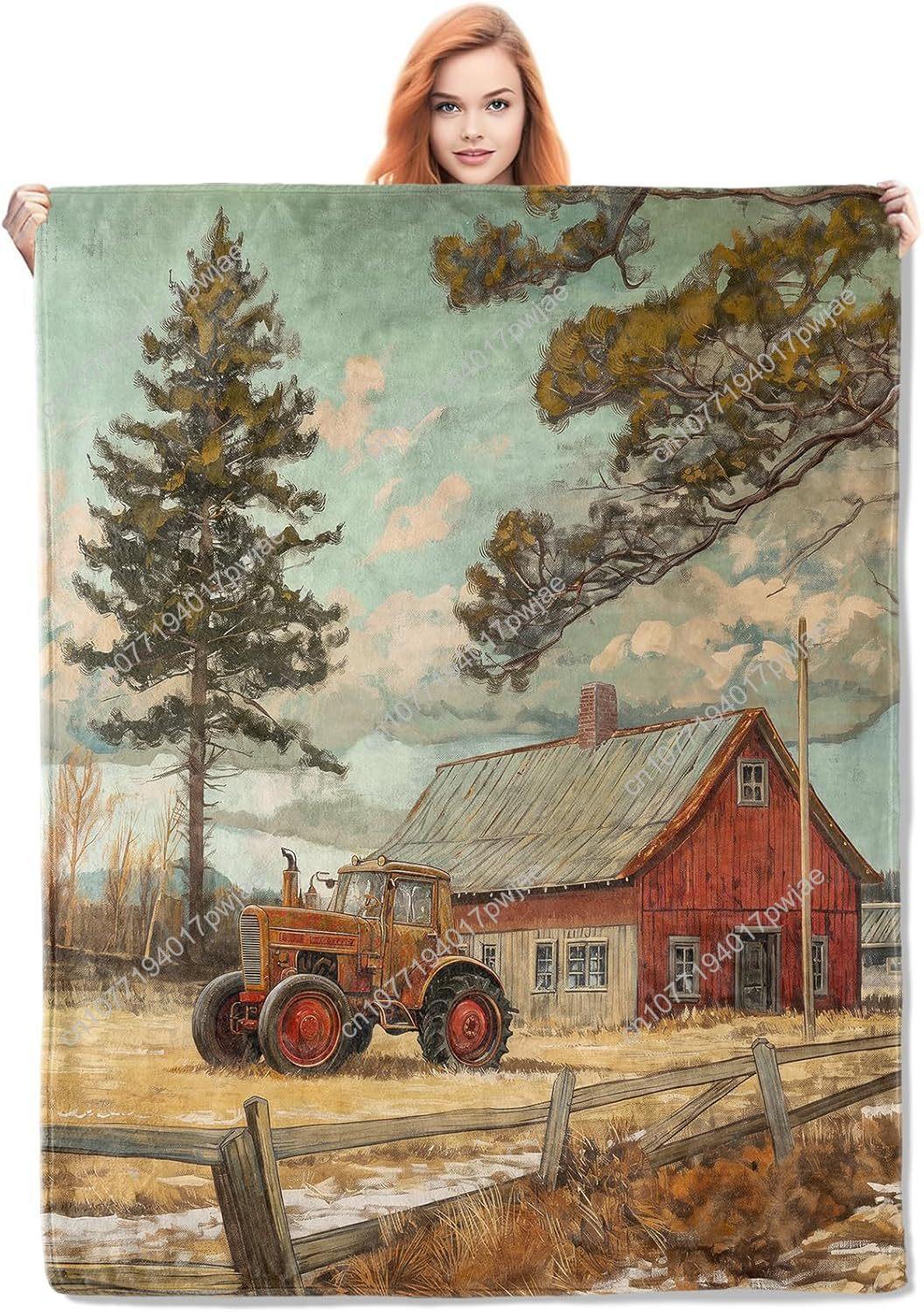 Vintage Farmhouse Flannel Blanket Rustic Country Scenery with Tractor Barn Soft Lightweight Throw Blankets Gifts Custom blankets 75X95CM