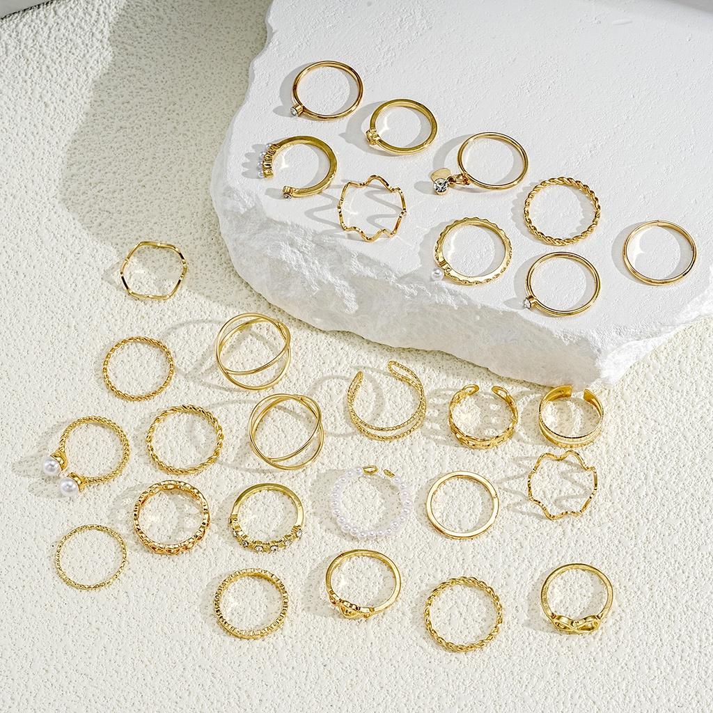 28Pcs/set Cross Wave Ring Set Pearl Crystal Gold Rings for Women Jewelry Accessories