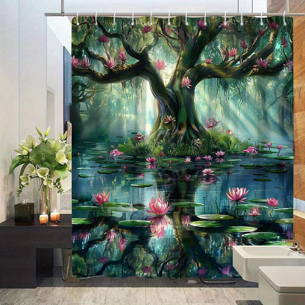 Enchanted Forest Tree & Lotus Print Waterproof Shower Curtain, Mystical Nature Design High-End Toilet Partition Curtain