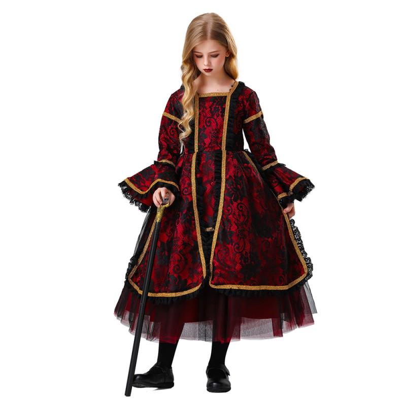 Girls Halloween Costume Dress Queen Demon Vampire Medieval Court Gown Fantasy Party Role Play Outfit