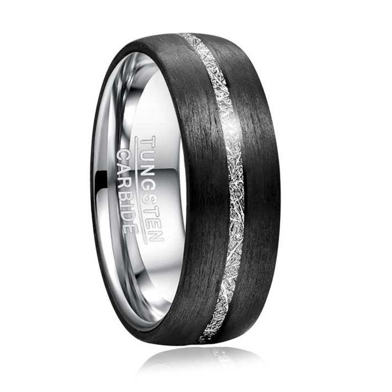

Tungsten Steel Ring with Carbon Fiber & Imitation Meteorite Inlay, 8mm Wide for Men Size 8