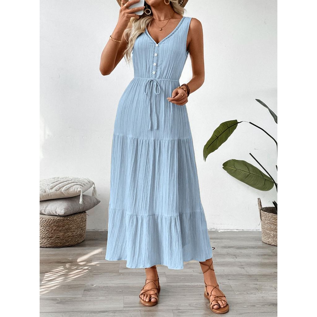 New Women's Summer Dress European Style Simple Solid Color V-neck Sleeveless Strappy Casual Dress