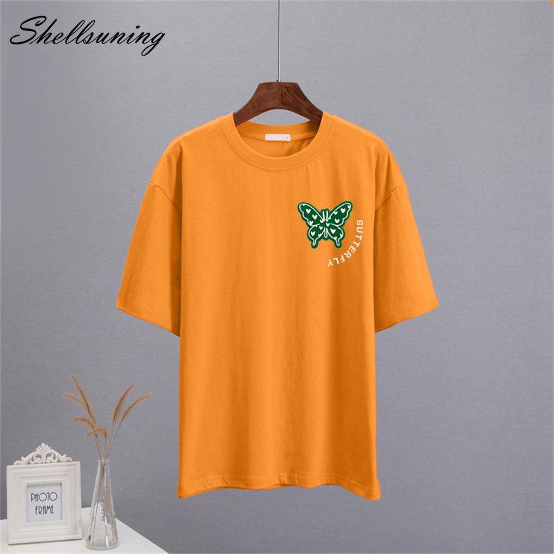 Shellsuning Sommer Baumwolle O Neck T Shirts Frauen Schöne Schmetterling Kurzarm 3D Brief Drucken Tees Lose Weiche Grundlegende Weibliche tops