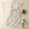 2025 summer new retro cotton and linen dress women's short-sleeved lapel tie waist solid color pendulum dress
