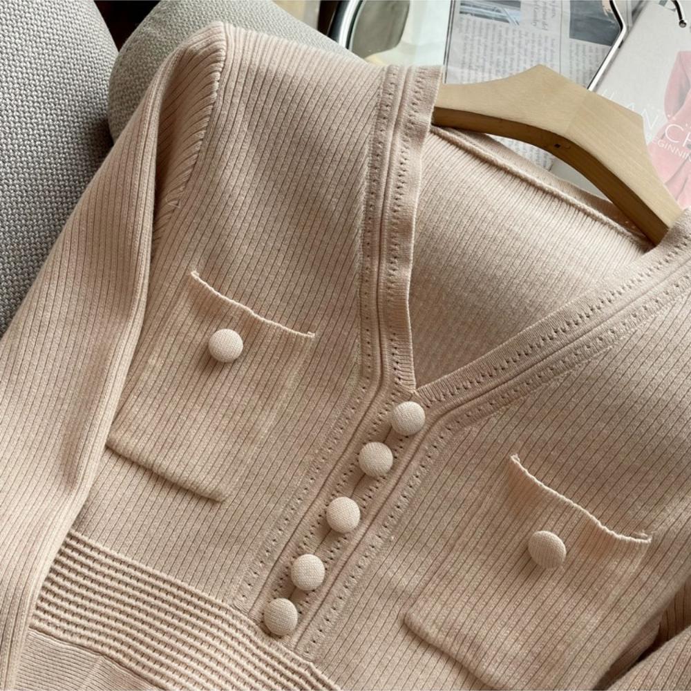 Autumn Winter V-neck Long-Sleeve Knit Dress for Women Elegant Solid Double Pockets Vertical Stripes A-Line Short Sweater Dress