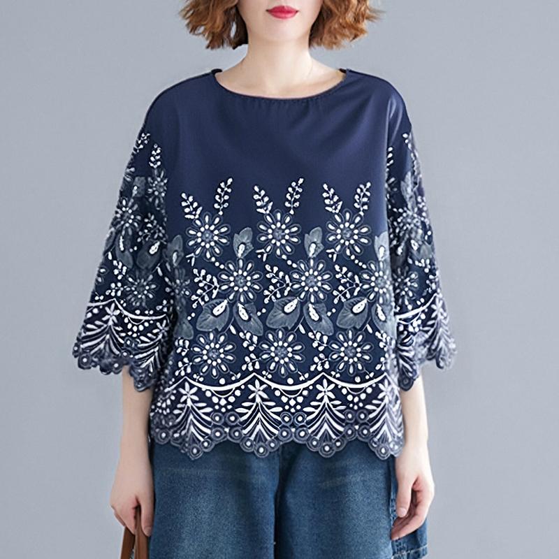 ZANZEA Women Summer Round Neck 3/4 Sleeve Printed Wave Edge Blouses