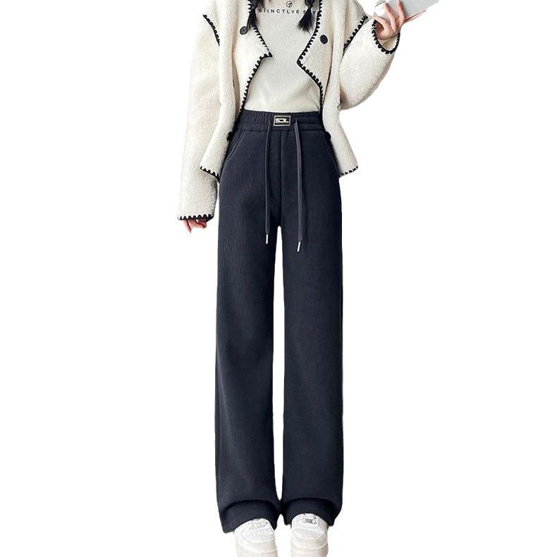 Winter Warm Thicken Lambswool Straight Pants Women Casual Elastic High Waist Fleece Lined Wide Leg Pantalones Chic Baggy Pants