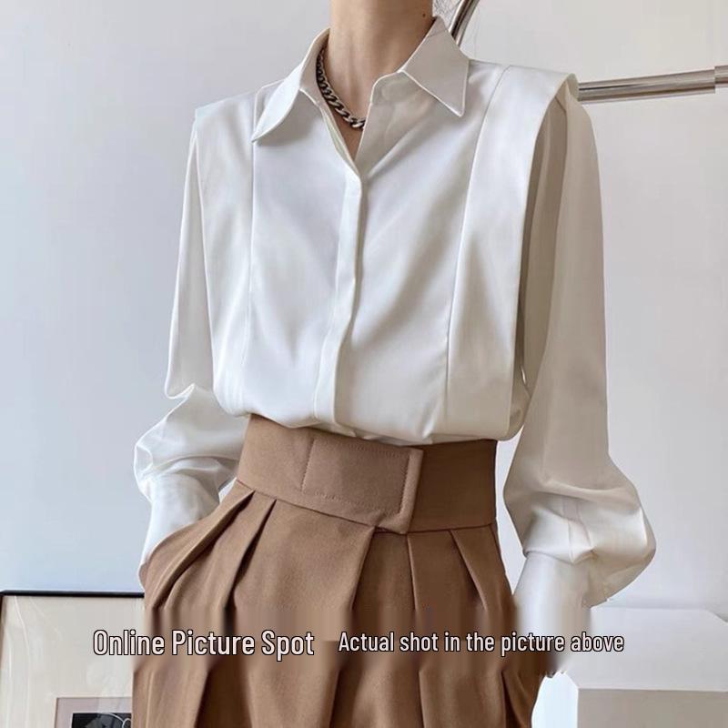 Chic Spring French Satin Long Sleeve White Shirt - Wrinkle-Resistant Women's High-End Design