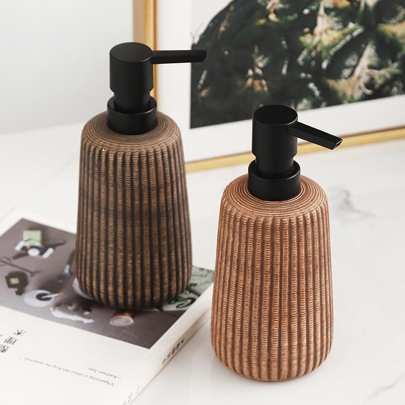 Flacon à lotion en céramique vintage à rayures verticales - Distributeur de gel douche 400 ml pour hôtel ou maison.