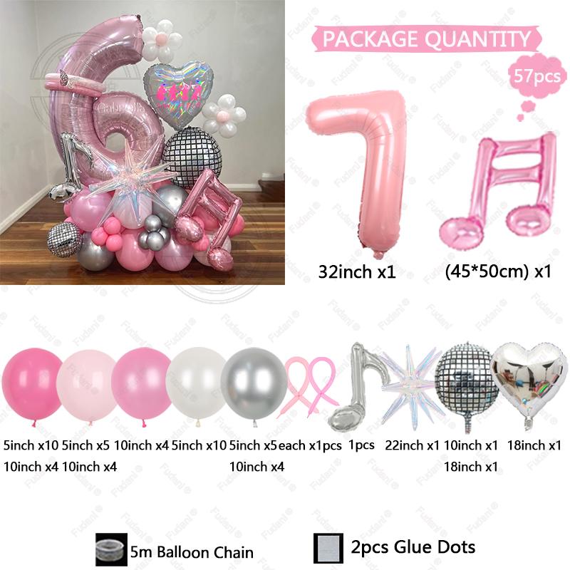 57pcs Slivery Heart Disco Balloon Silver Number Birthday Balloon Set Pink Music Note Children Adult Festive Party Decorations