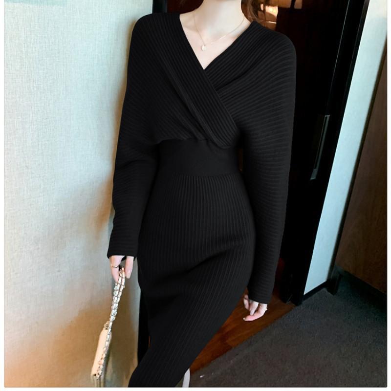 Women's V-neck High Waist Sweater Slim Long Sleeve Mid-length Knitted Dress