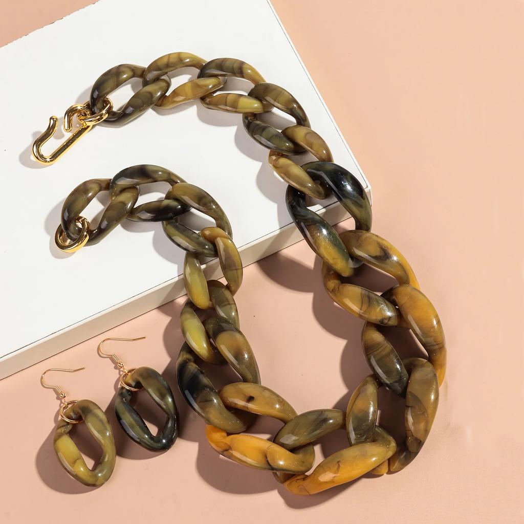 Statement Acrylic Earring Necklace Set for Women Men Boho Thick Link Chain Pendant Rock Jewelry Gifts