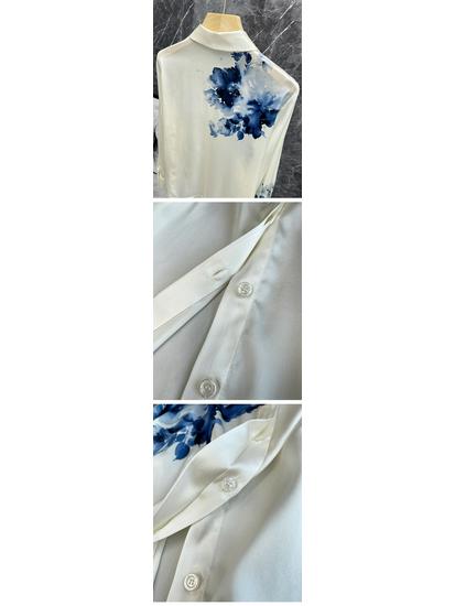 2024 Kunstnerisk blekkvask oljetrykk satengskjorte: Langermet, Motebevisst Temperament Topp