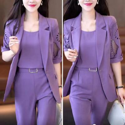 Spring  Summer Models Ladies Lapel Jacket + Inner + Casual Trousers Suit Four Seasons Profession Three-piece Set