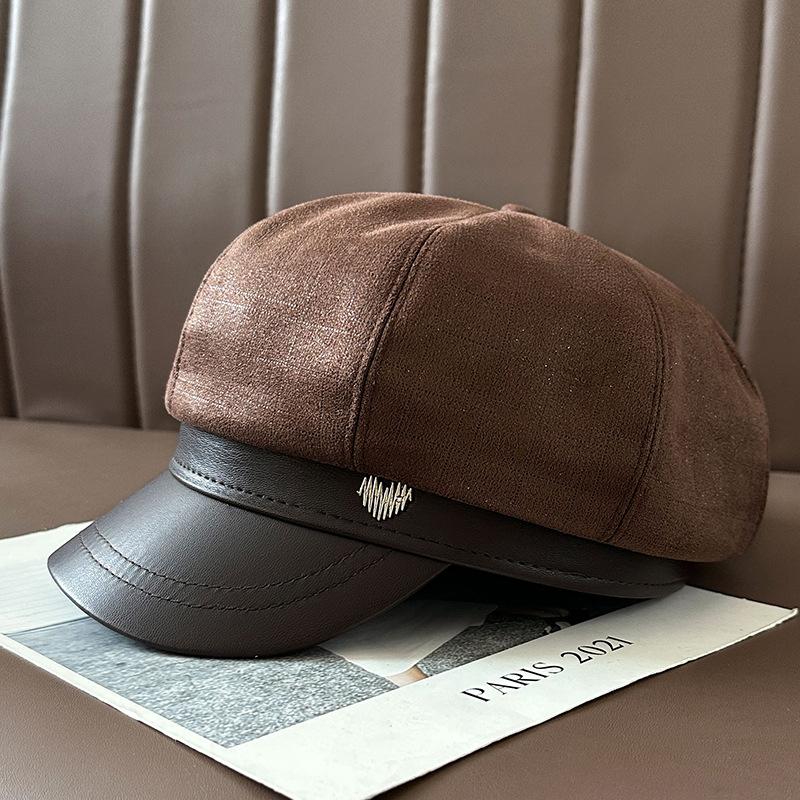 

Сшитый кожаный берет с козырьком Женский осенне-зимний высококлассный, подчеркивающий лицо, восьмиугольный французский ретро берет художника с утиным язычком One Size