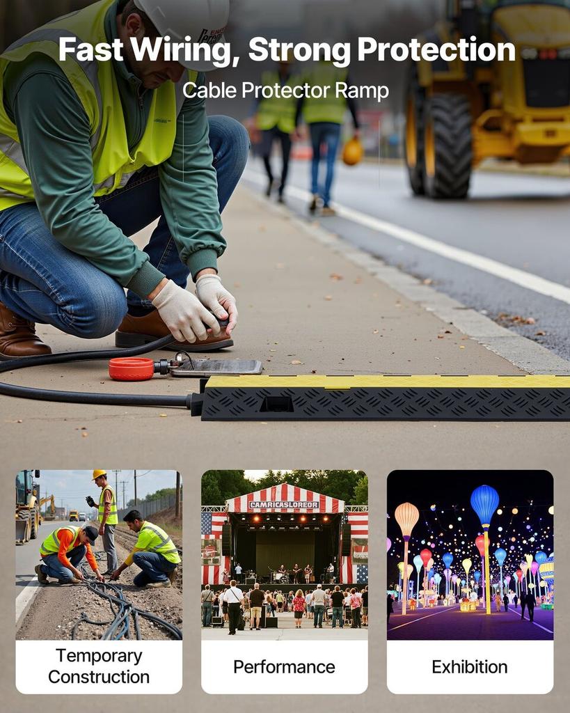 Cable Protector Ramp, 9,979 Kg/axle Capacity, 2 Channel Heavy Duty TPU Cord Hose Wire Cover, 31 X 28 Mm Channel, Traffic Speed Bump with Flip-Open Top
