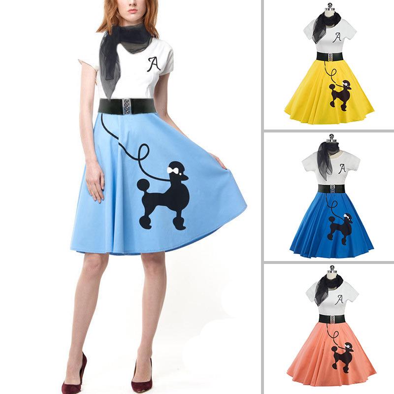 

Poodle Print Retro A-line Mid-length Summer Dress for Women Extra Large жовтий
