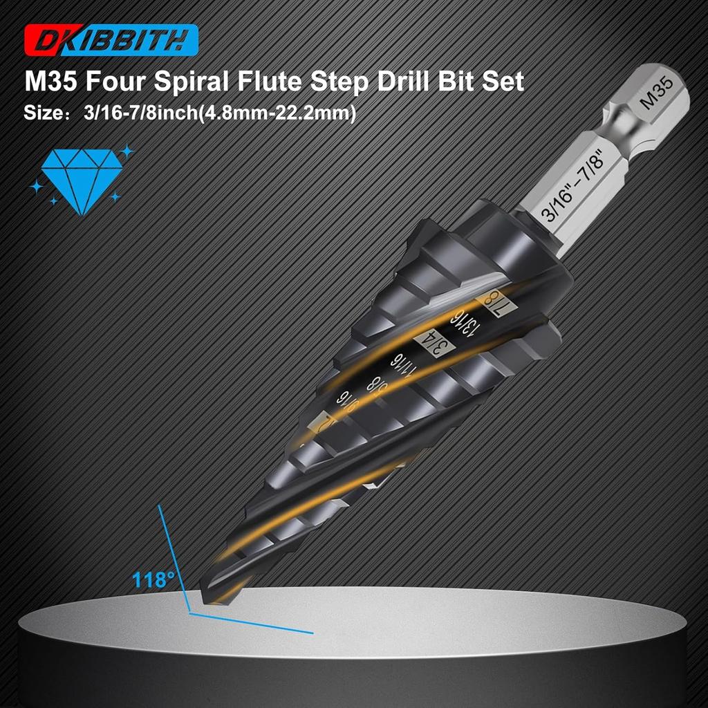 3-pc Step Drill Bit Set for Metal Wood 1/8"-7/8", 4-Spiral Flutes, M35 HSS Cobalt Unibits, 1/4" Hex Shank, Al-Ti-N Coated Drill Bits for 19 SAE Size