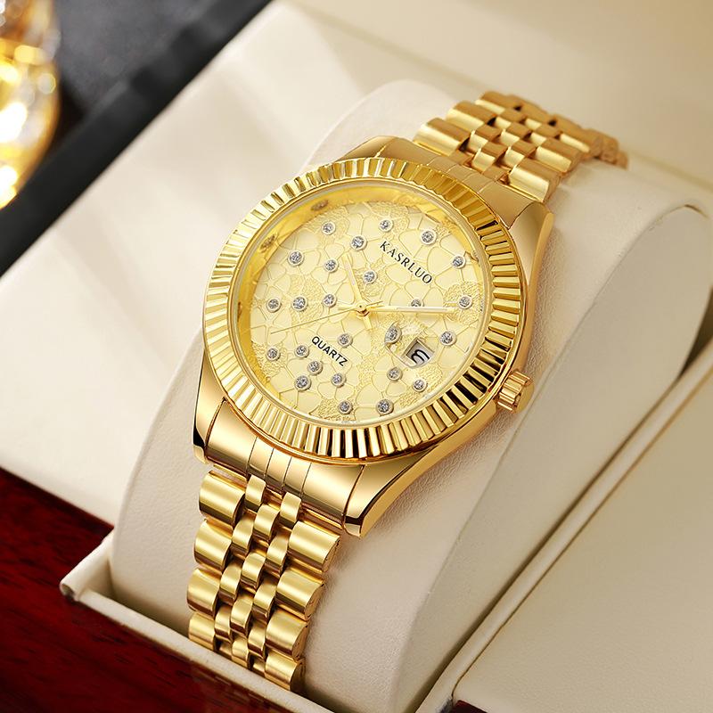 Men And Women Steel Belt Couple Gold Leisure Quartz Watch Diamond Calendar Business Watch Luminous Watch золотой