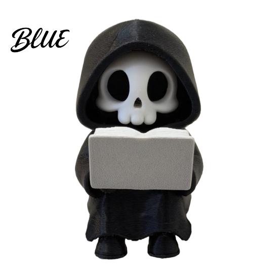 Sensenmann Statue Lese Figur 3D Gedruckte Mini Totenkopf Statue Vielseitige Schreibtischdekoration Niedliches Gotisches Skelett Ornament für Bücherregal,