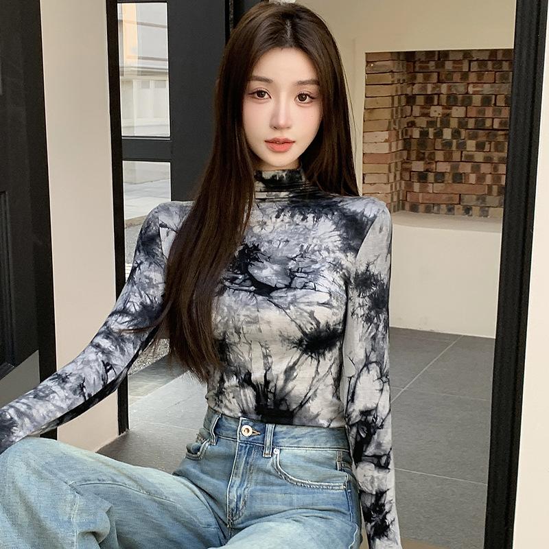 

8 чернильная базовая рубашка женская ретро тренд универсальная полуводолазка с градиентным принтом тай-дай женские топы на весну и осень M (recommended 80-47.5 kg) чёрный