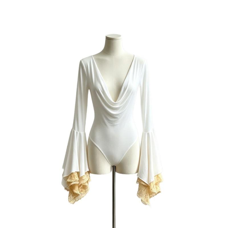 Sexy Deep V Neck Lace Trim Bodysuit With Flared Sleeves High Waist Short Pants Womens Slim Fit 2026