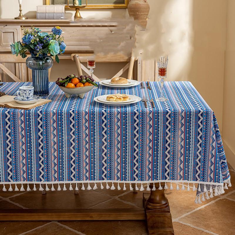 Flower Printed Table Cover with Tassels Cotton Linen Table Cloth Naturally Breathable and Comfortable nappe de table Luxury