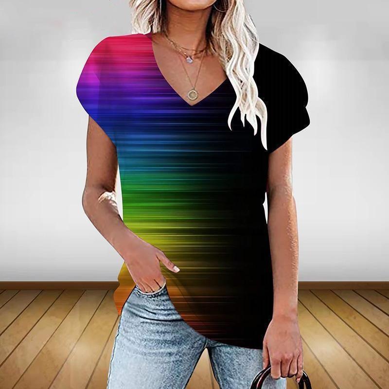 Fashion New Colorful Gradient 3D Print T-Shirts Women V Neck Short Sleeve T Shirt Y2k Top Tees Oversized Harajuku Woman Clothing