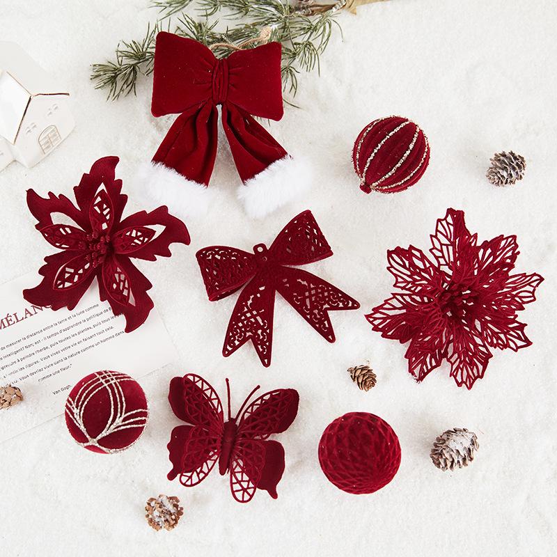 Cross-border Christmas Eve Tree Decorations: Flocking Bow & Flower Scene Pendant.