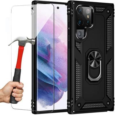 Protective Case - BOOLING - for Samsung Galaxy S22 Ultra - Black - Set of 2 Tempered Glasses - Metal Stand