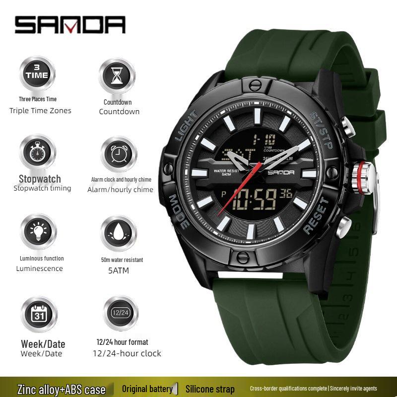 Relógio SANDA Casual com Duplo Display, Pulseira de Silicone, para Estudantes, com Função Soneca