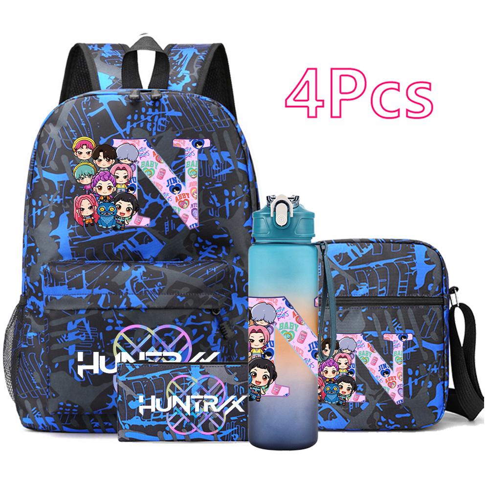 4Pcs/set 26 English Letter Printed Backpack Large Capacity Bookbag Shoulder Bag Case Bag with 750ml Water Bottler Boy Girl Waterproof SchoolBag Gift