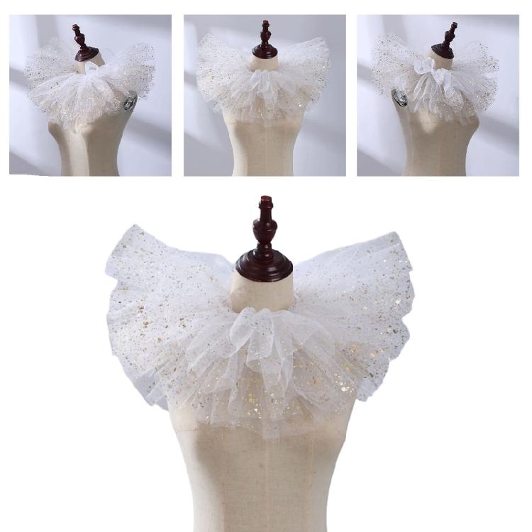 Layered Ruffled Mesh Neck Ruff Renaissance Victorian Metallic Foil Tulle Faux Collar Shawl Choker for Themed Parties