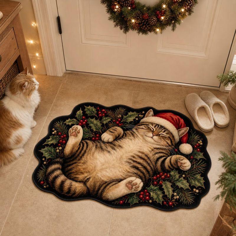 Cute Cat Christmas-Themed Doormat, Christmas Hat Kitten Rug, Soft Non-Slip Entryway Welcome Mat, Home Decor