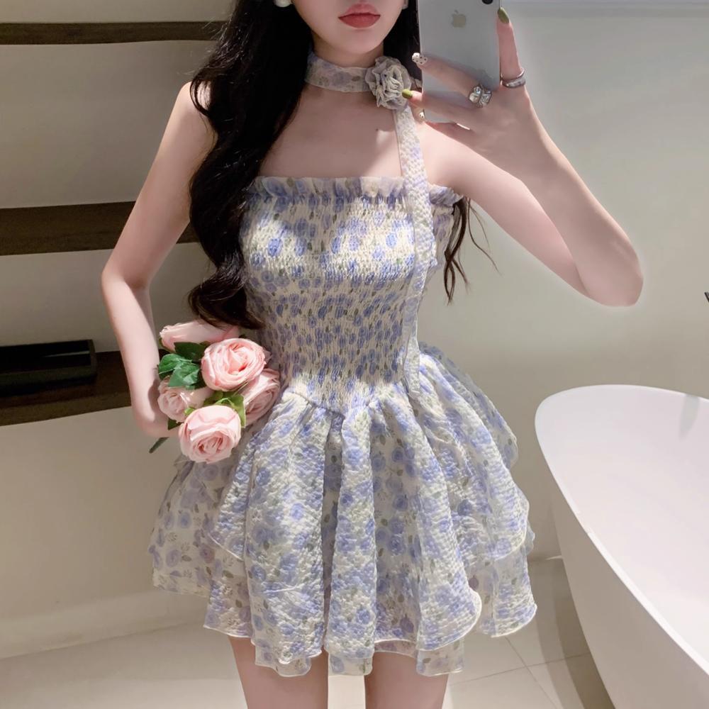 

Легкое спелое цветочное модное платье на подтяжках женское в стиле принцессы с талией пышное платье-торт с открытыми плечами топ-труба юбка XL- (recommended 110-60kg)