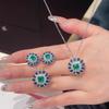 Retro Sunflower Pendant & Synthetic Emerald Stud Earrings with Open Ring - Gemstone Set for Women